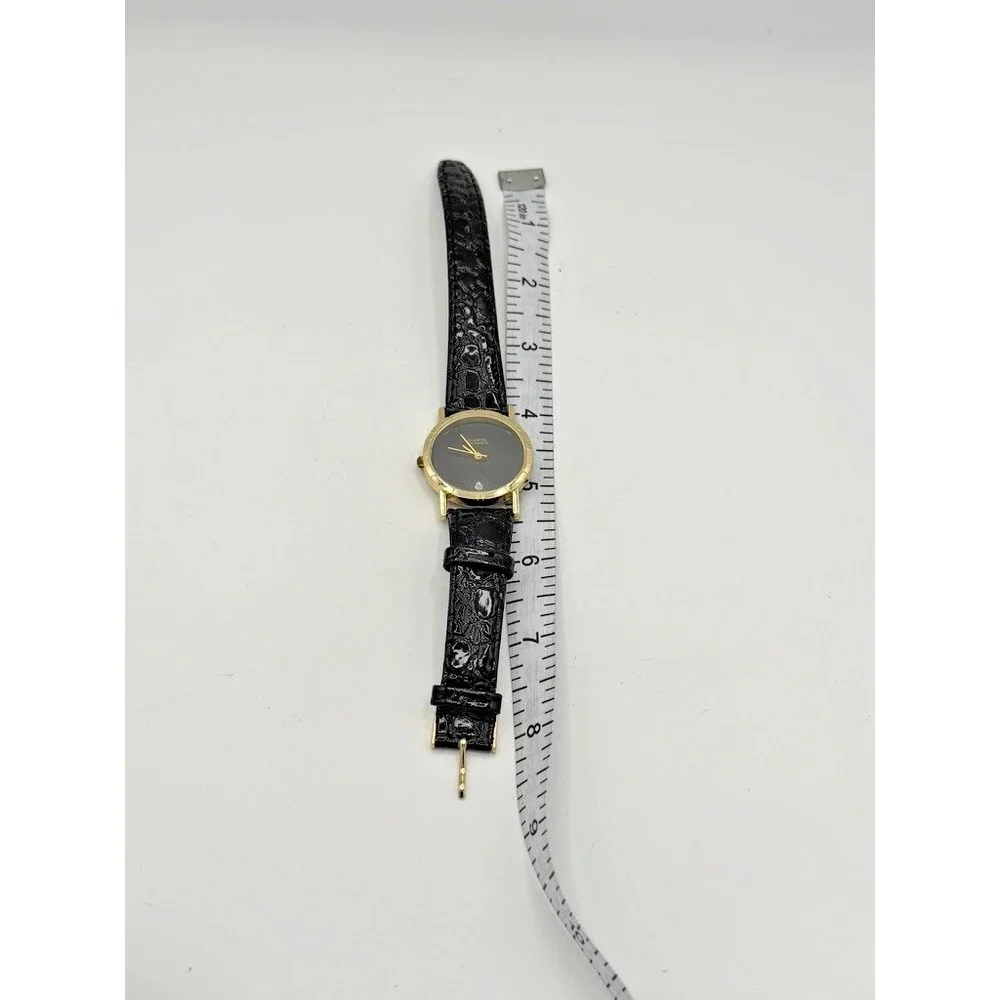 Vintage Diamond Quartz Gold Tone Watch Black Dial Japan Movt Stainless Back